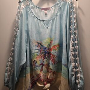 Tropical Print Blouse with Lace Sleeves